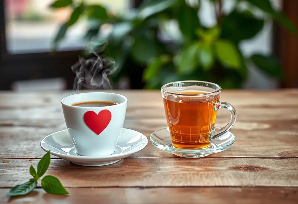 Coffee and tea cups on a table with heart symbols, denoting balanced heart health.