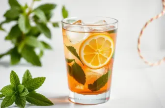 A glass of iced tea with lemon slice and mint, symbolizing freshness.