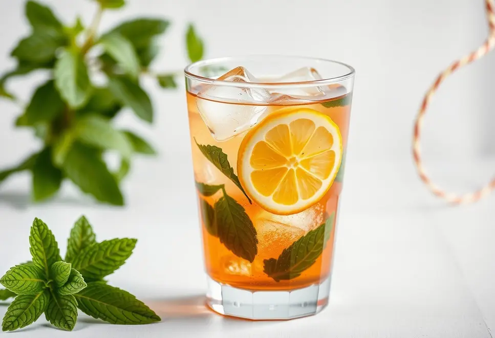 A glass of iced tea with lemon slice and mint, symbolizing freshness.