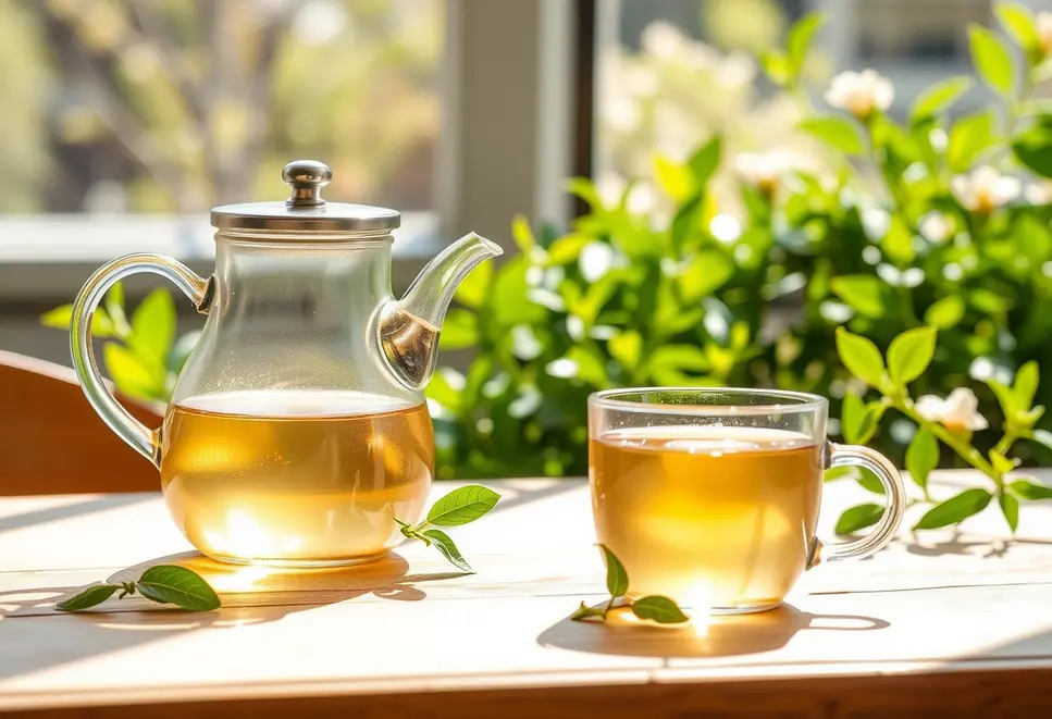 Table with white tea pot and glass cup in natural setting.