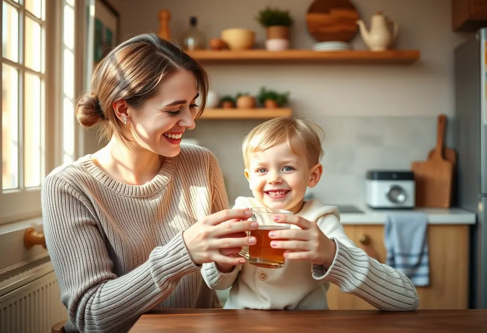 Mother and child enjoying tea in a sunny kitchen, symbolizing safety and love.