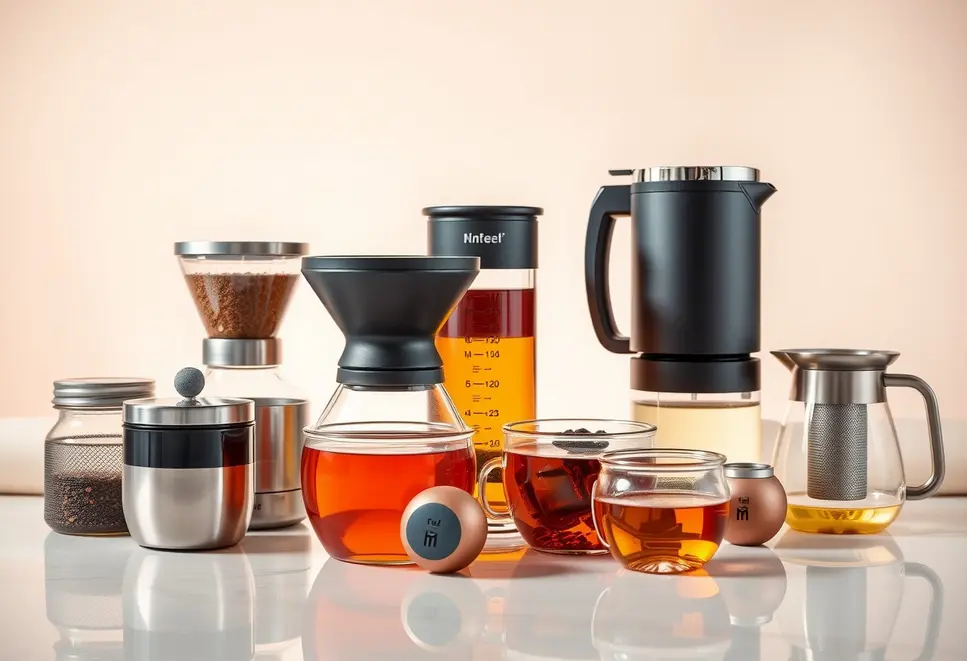Rozmaite zaparzacze do herbaty ukazane na eleganckim tle, demonstrując różnorodność.