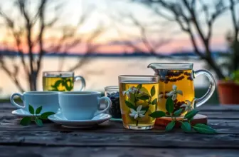 Various relaxing teas arranged on a wooden table under warm light.