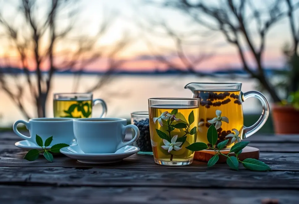 Various relaxing teas arranged on a wooden table under warm light.