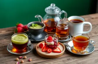 Display of tea and dessert pairing with matcha and coffee.