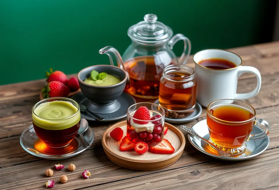 Display of tea and dessert pairing with matcha and coffee.