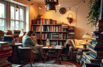 A warm room with people enjoying tea and books, depicting a perfect reading atmosphere.