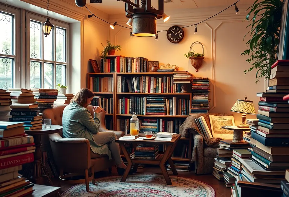 A warm room with people enjoying tea and books, depicting a perfect reading atmosphere.