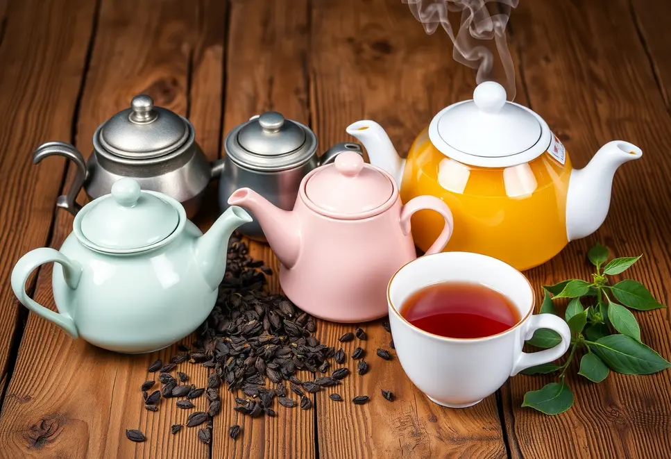 Selection of different teapots and tea accessories on a wooden table.