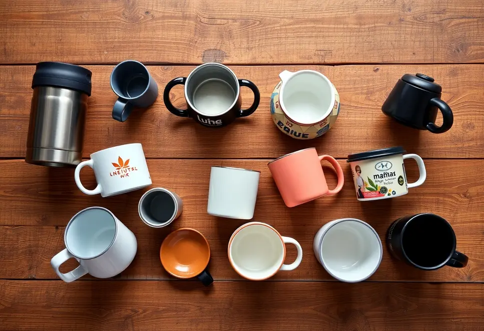 Collection of various styled mugs on a table, highlighting options like thermal and personalized.