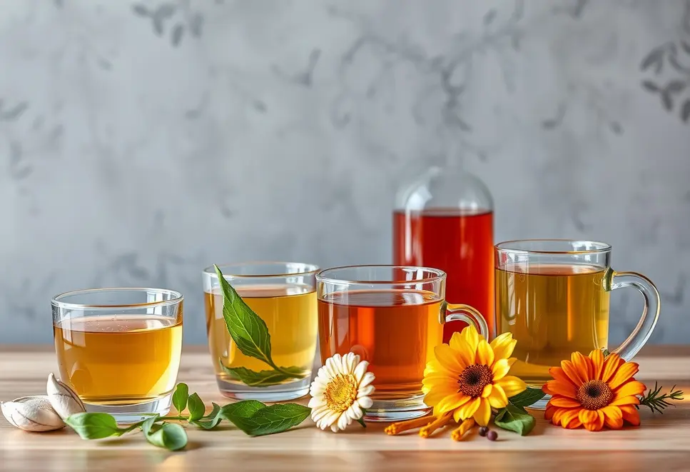 Multiple types of tea on a table, depicting their collective skin health benefits.