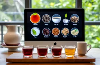 A virtual tea tasting session featuring diverse teas on a computer screen, showcasing the online tea culture in Poland.