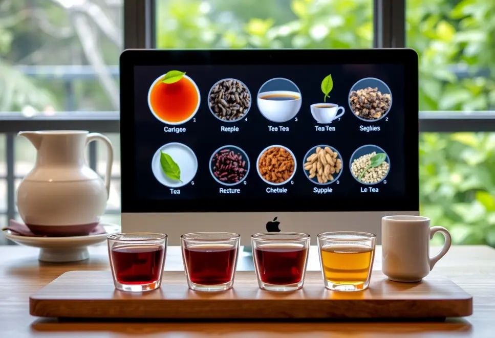 A virtual tea tasting session featuring diverse teas on a computer screen, showcasing the online tea culture in Poland.