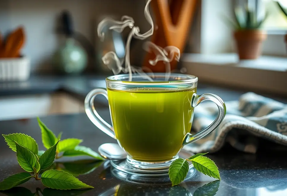 Zdjęcie filiżanki gorącej zielonej herbaty na blacie kuchennym, symbolizujące zdrowe nawyki.