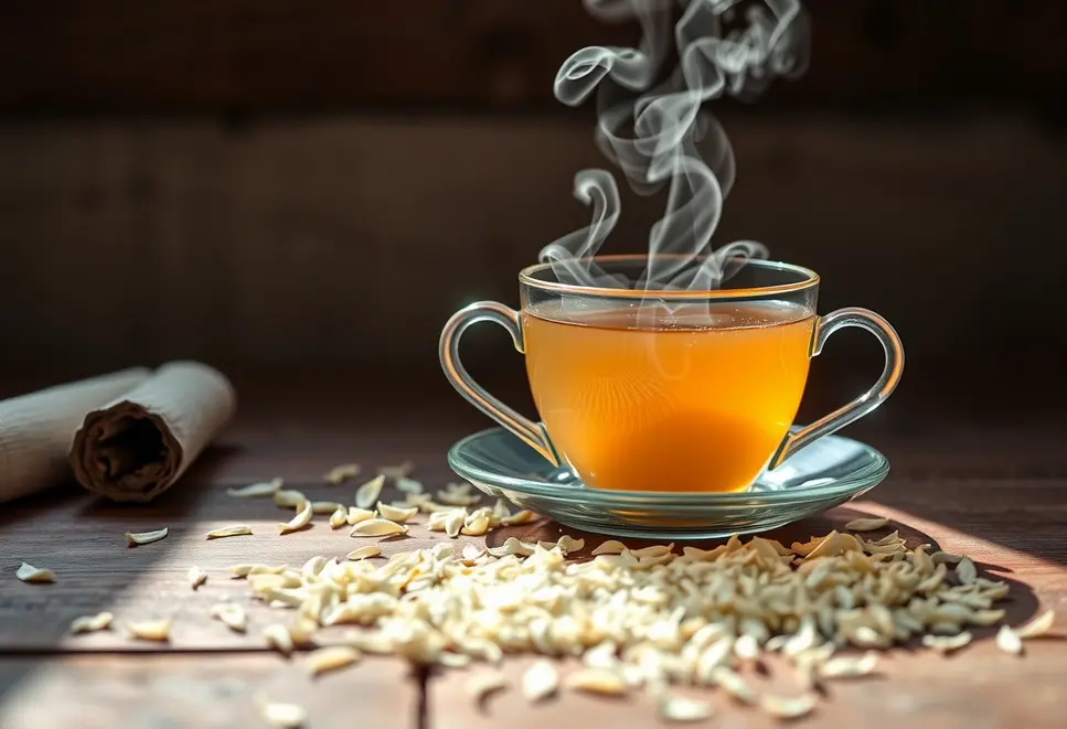 Steaming cup of white tea with loose leaves and sunlight.