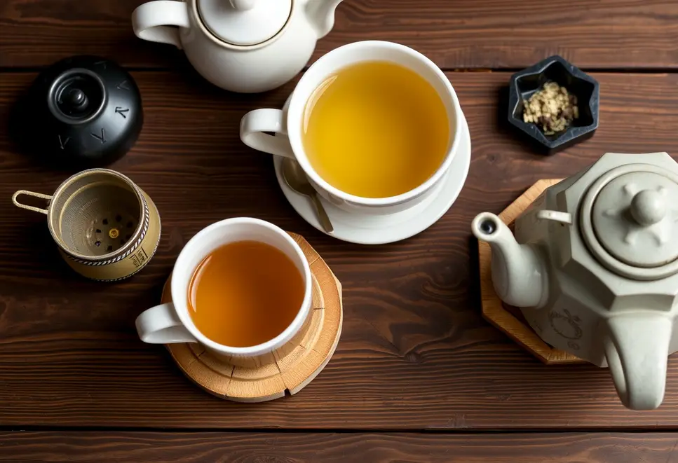 Różnorodne akcesoria do herbaty na drewnianym stole.