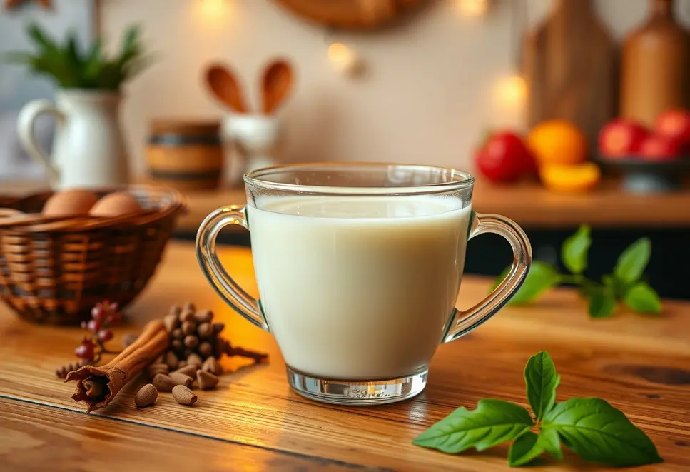 A cozy kitchen scene with black tea and milk on the table.