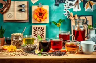 A variety of teas in a creative workspace setting with elements of art and design.