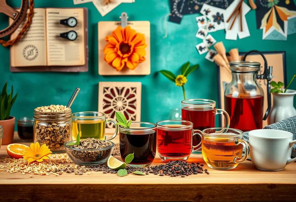 A variety of teas in a creative workspace setting with elements of art and design.