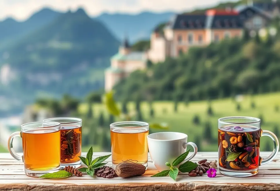 Colorful display of herbal teas with calming, picturesque backgrounds.