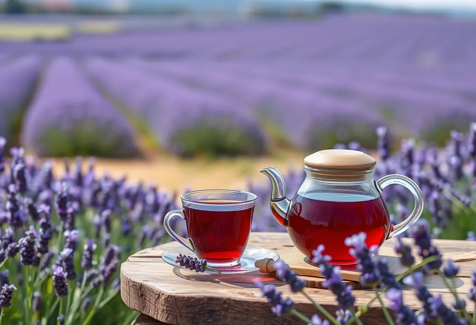 Pole lawendy z herbatą lawendową na stole, odzwierciedlające spokój i naturę.