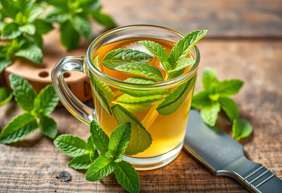 Freshly brewed mint tea with fresh mint leaves on a table.