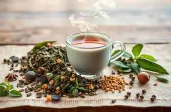 Various types of tea with a steaming cup, symbolizing metabolic benefits.