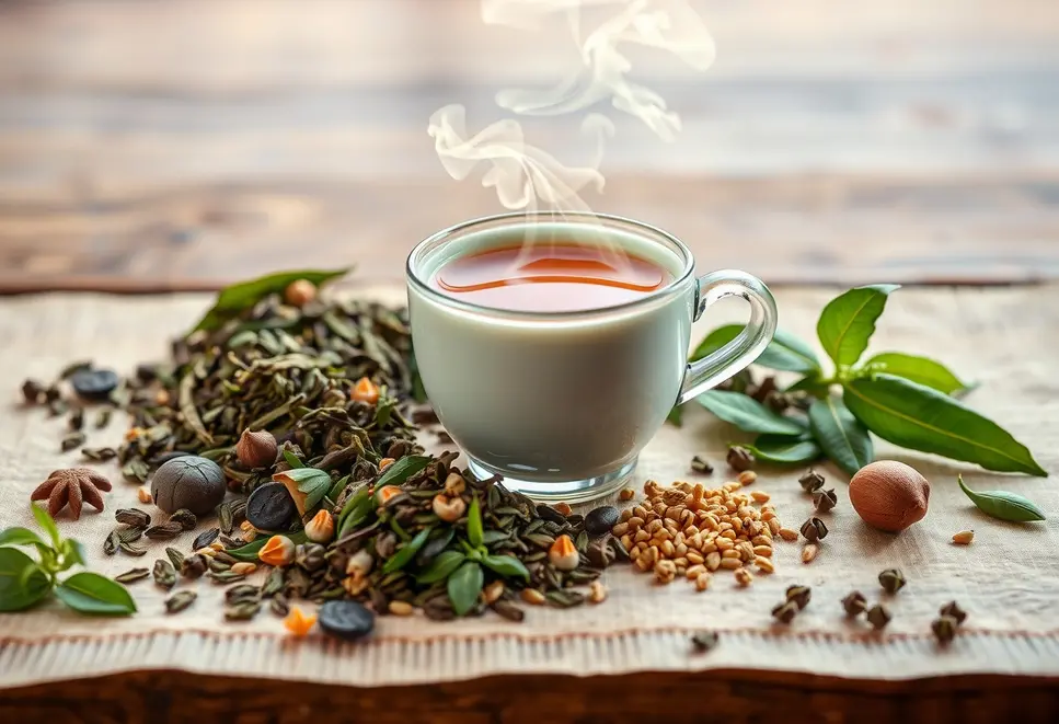 Various types of tea with a steaming cup, symbolizing metabolic benefits.