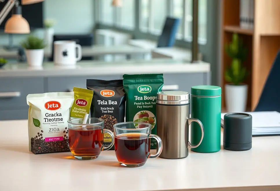 Modern office setup with various tea products and accessories on a desk.