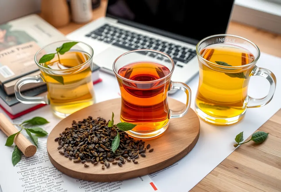 Assorted teas on a study desk with educational materials, symbolizing support for focus.
