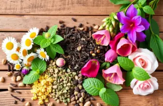 A vibrant display of various traditional Polish herbal teas and herbs.
