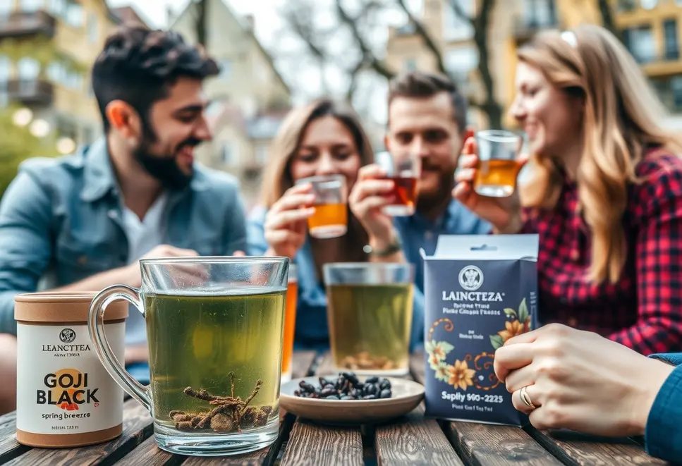 Different teas being shared among friends in a lively setting.