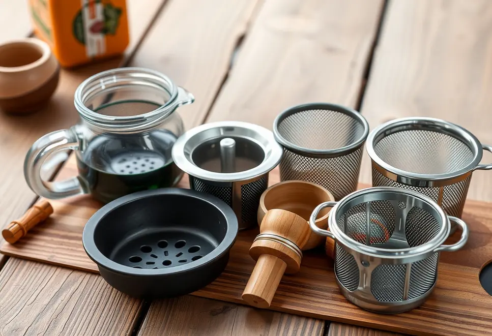 Zestaw zaparzaczy do herbaty z różnych materiałów ułożony na drewnianym tle.