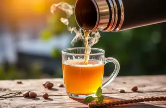 Steaming tea being poured from a thermos suggesting warmth and freshness.