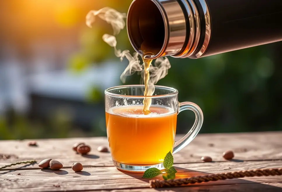 Steaming tea being poured from a thermos suggesting warmth and freshness.
