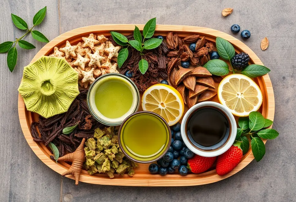 An assortment of traditional and exotic green teas on a tray.
